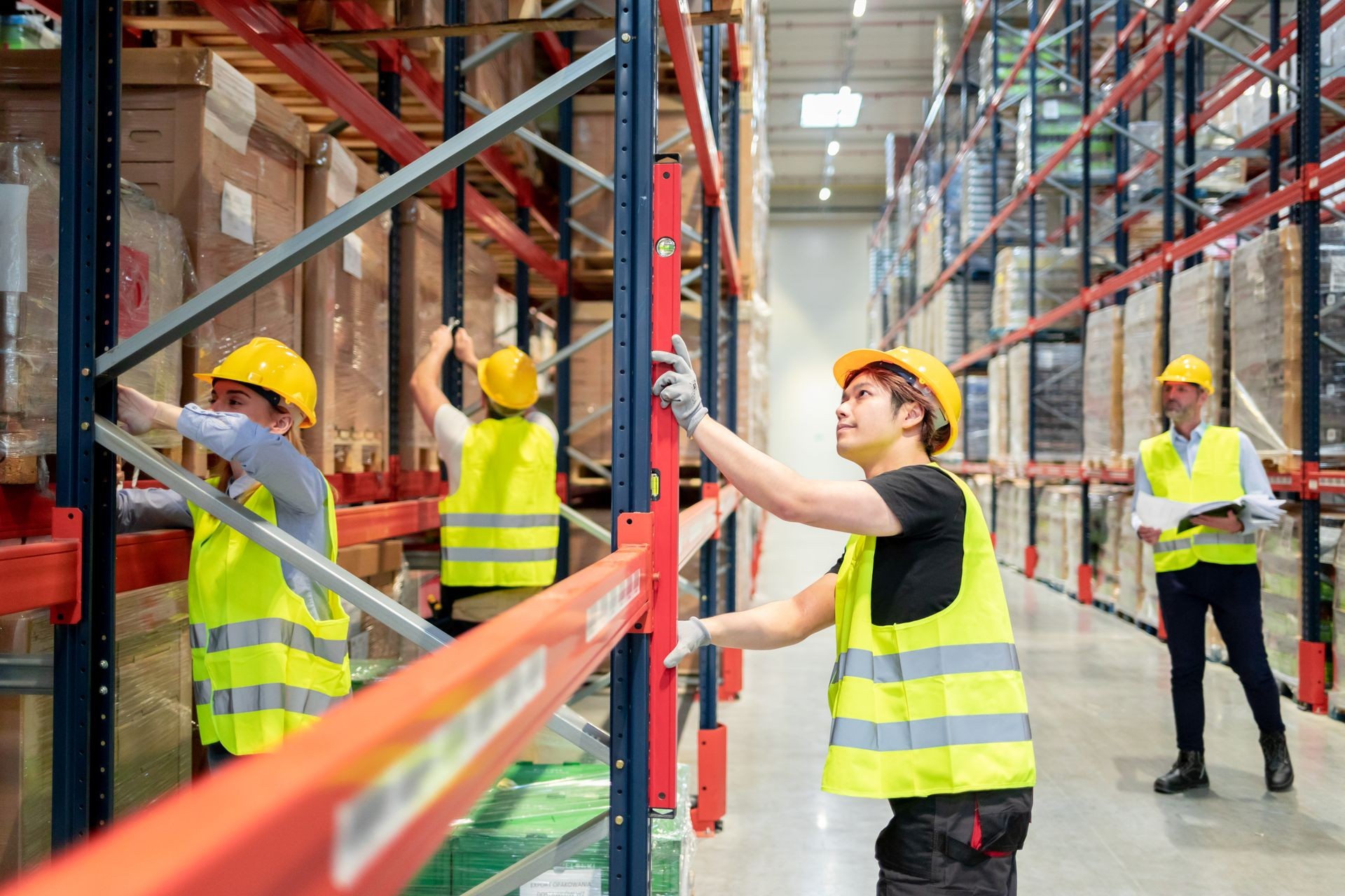 Warehouse workers in yellow vests and hard hats organizing shelves and checking inventory.