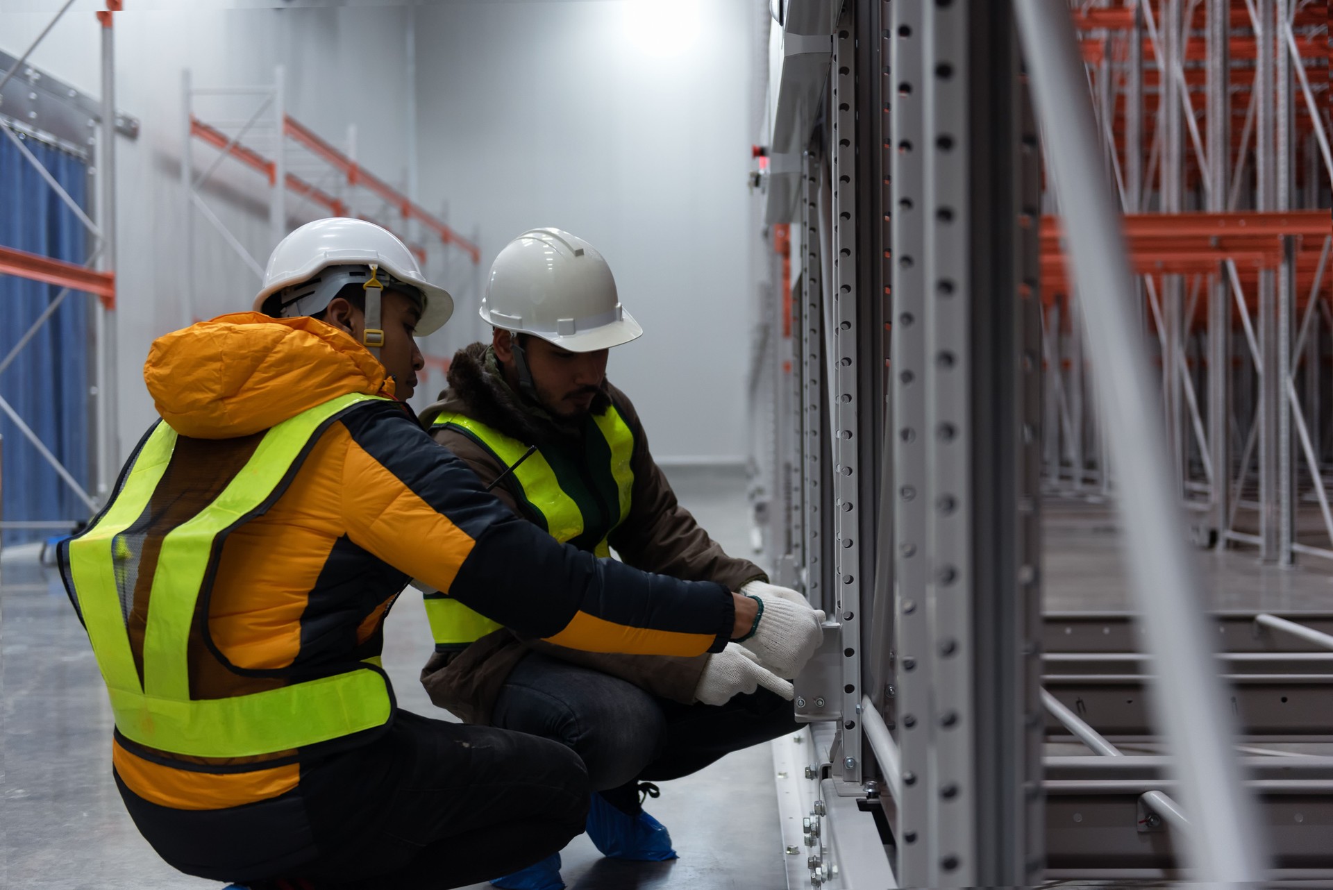 Maintenance technician service in cold warehouse storage, Machinery engineering people checking moving rack system and equipment in warehouse.